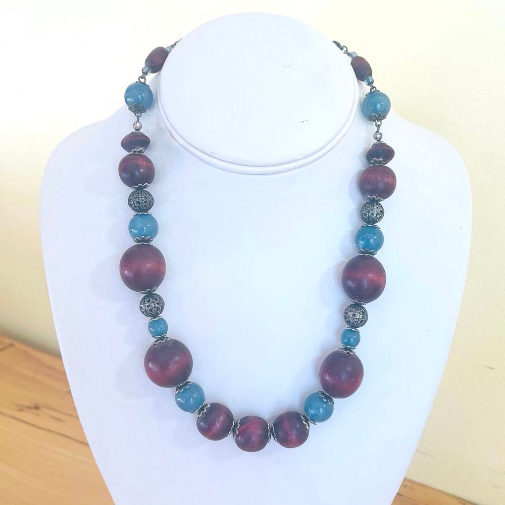 Vtg Boho Chunky Wood Beaded Handmade Necklace Southwestern Filigree Eclectic